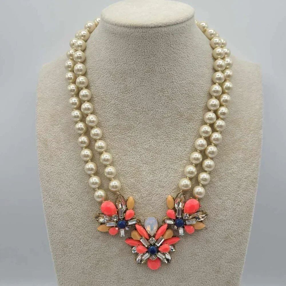 J Crew Double Pearl Strand with Orange Resin and Crystal clusters
